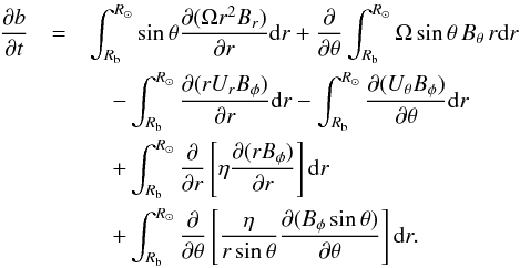 \begin{eqnarray} \frac{\partial b}{\partial t} &=&\int_{\RB}^{R_{\odot}} \sin\theta \frac{\partial(\Omega r^2 B_r)} {\partial r} \mathrm{d}r + \frac{\partial}{\partial \theta} \int_{\RB}^{R_{\odot}} \Omega \sin\theta \, B_{\theta}\, r \mathrm{d}r \nonumber \\ & & \quad -\int_{\RB}^{R_{\odot}} \frac{\partial(r U_r B_{\phi})} {\partial r} \mathrm{d}r -\int_{\RB}^{R_{\odot}} \frac{\partial (U_{\theta} B_{\phi})} {\partial \theta} \mathrm{d}r \nonumber \\ && \quad +\int_{\RB}^{R_\odot} \frac{\partial}{\partial r} \left[\eta \frac{\partial (r B_{\phi})} {\partial r} \right] \mathrm{d}r \nonumber \\ && \quad +\int_{\RB}^{R_\odot} \frac{\partial}{\partial \theta} \left[\frac{\eta}{r \sin \theta} \frac{\partial (B_\phi \sin\theta)}{\partial\theta}\right] \mathrm{d}r . \label{eq:integrated} \end{eqnarray}