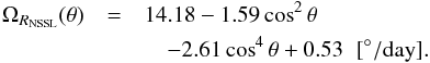 \begin{eqnarray} \label{eq:omega_rNSSL} \Omega_{R_{\rm NSSL}}(\theta) &=& 14.18-1.59 \cos^2\theta \nonumber \\ && \quad-2.61 \cos^4\theta + 0.53 \mbox{\hspace{0.2cm}} [^{\circ}/\mbox{day}] . \end{eqnarray}