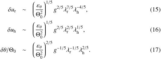 \begin{eqnarray} \delta u_{\rm r} & \sim & \left(\frac{\varepsilon_\theta}{\Theta_0^2}\right)^{1/5}g^{2/5} \lambda_{\rm r}^{7/5}\lambda_{\rm h}^{-4/5},\label{deltauz}\\ \delta u_{\rm h} &\sim & \left(\frac{\varepsilon_\theta}{\Theta_0^2}\right)^{1/5}g^{2/5}\lambda_{\rm r}^{2/5}\lambda_{\rm h}^{1/5},\label{deltauh}\\ \delta \theta/\Theta_0 & \sim &\left(\frac{\varepsilon_\theta}{\Theta_0^2}\right)^{2/5}g^{-1/5}\lambda_{\rm r}^{-1/5}\lambda_{\rm h}^{2/5}.\label{deltaT} \end{eqnarray}