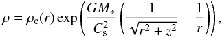 \begin{eqnarray} \label{rho_ini} \rho = \rho_{\rm c}(r) \exp \left( {G M_* \over C_{\rm s}^2} \left( {1 \over \sqrt{r^2+z^2}} - { 1 \over r}\right)\right), \end{eqnarray}