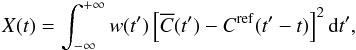 \begin{eqnarray} X(t) = \int^{+\infty}_{-\infty} w(t^\prime) \left[\overline{C}(t^\prime) - \Cref(t^\prime-t) \right]^2 \mathrm{d}t^\prime , \label{eq:GB1para_chisq} \end{eqnarray}