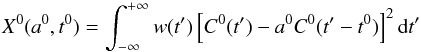 \appendix \setcounter{section}{1} \begin{equation} X^0(a^0, t^0) = \int^{+\infty}_{-\infty} w(t^\prime) \left[\C0(t^\prime) - a^0 \C0 (t^\prime - t^0) \right]^2 \mathrm{d}t^\prime \end{equation}