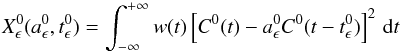 \appendix \setcounter{section}{2} \begin{equation} X_{\epsilon}^0(a_\epsilon^0, t_\epsilon^0) = \int^{+\infty}_{-\infty} w(t) \left[\C0(t) - a_\epsilon^0 \C0 (t - t_\epsilon^0) \right]^2 \, \mathrm{d}t \end{equation}