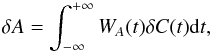 \begin{equation} {\delta A = \int^{+\infty}_{-\infty} W_{A}(t) \delta C(t) \mathrm{d}t ,} \label{eq:amp_def} \end{equation}