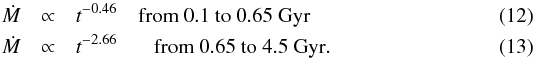 \begin{eqnarray} \dot{M} &\propto& t^{-0.46} \ \ \ \ \rm from \ 0.1 \ to \ 0.65 ~\rm Gyr\\ \dot{M} &\propto& t^{-2.66} \ \ \ \ \ \ \ \rm from \ 0.65 \ to \ 4.5~ \rm Gyr. \end{eqnarray}