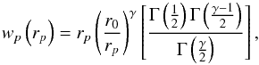 \begin{equation} w_{p}\left(r_{p}\right)=r_{p}\left(\frac{r_{0}}{r_{p}}\right)^{\gamma}\left[\frac{\Gamma\left(\frac{1}{2}\right)\Gamma\left(\frac{\gamma-1}{2}\right)}{\Gamma\left(\frac{\gamma}{2}\right)}\right], \label{eq:power-law} \end{equation}