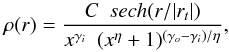 \begin{equation} \rho(r) = \frac{C~~sech(r/|r_t|)}{x^{\gamma_i}~~(x^\eta +1)^{(\gamma_{o} - \gamma_{i})/\eta}}, \label{eq:halodens} \end{equation}