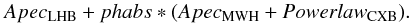 \begin{equation} Apec_{\rm LHB}+phabs*(Apec_{\rm MWH}+Powerlaw_{\rm CXB}). \end{equation}