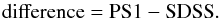 \begin{equation} \rm{difference= PS1-SDSS} \label{eq:diff1} . \end{equation}