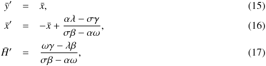 \begin{eqnarray} \y' &=& \x, \\ \x' &=&-\x + \frac{\alpha\lambda - \sigma\gamma}{\sigma\beta - \alpha\omega}, \label{eq:dpi}\\ \h' &=& \frac{\omega\gamma - \lambda\beta}{\sigma\beta - \alpha\omega}, \label{eq:dh} \end{eqnarray}
