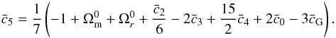 \begin{equation} \label{eq:c5} \bar c_5 = \frac{1}{7}\left(-1+\Omega_{\rm m}^0 + \Omega_r^0 + \frac{\bar c_2}{6} - 2 \bar c_3 + \frac{15}{2} \bar c_4 + 2\bar c_0 - 3\bar c_{\rm G}\right) . \end{equation}