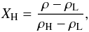 \begin{equation} \label{eq:rho_mix} X_{\mathrm{H}} = \frac{\rho - \rho_{\mathrm{L}}}{\rho_{\mathrm{H}} - \rho_{\mathrm{L}}}, \end{equation}