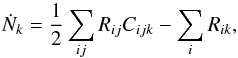 \appendix \setcounter{section}{1} \begin{equation} \dot{N}_k = \frac{1}{2} \sum\limits_{ij} R_{ij} C_{ijk} - \sum\limits_i R_{ik}, \end{equation}