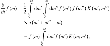 \begin{eqnarray} \begin{split} \frac{\partial}{\partial t} f \left( m \right) =\ & \frac{1}{2} \int\limits_0^\infty \mathrm{d}m' \int\limits_0^\infty \mathrm{d}m'' f \left( m' \right) f \left( m'' \right) K \left( m'; m'' \right) \\ & \times \delta \left( m' + m'' - m \right) \\ & - f \left( m \right) \int\limits_0^\infty \mathrm{d}m' f \left( m' \right) K \left( m; m' \right), \end{split} \label{eqnSmolu1D} \end{eqnarray}
