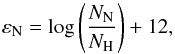 \begin{equation} \label{eq:nabun} \nabun = \log \left(\frac{N_{\rm N}}{N_{\rm H}} \right) + 12, \end{equation}