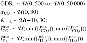 \begin{eqnarray} &&\gdr\ \sim \mathcal{U}(0,500) \mbox{ or } \mathcal{U}(0,50\,000) \notag\\ &&\aco \sim \mathcal{U}(0,30)\notag\\ &&\kdark \sim \mathcal{U}(-10,30)\notag\\ &&\icoi^{\rm true} \sim \mathcal{U}(\mathrm{min}(\{\icoi^{\rm obs}\}),\mathrm{max}(\{\icoi^{\rm obs}\})) \notag\\ &&\ihii^{\rm true} \sim \mathcal{U}(\mathrm{min}(\{\ihii^{\rm obs}\}),\mathrm{max}(\{\ihii^{\rm obs}\})) \end{eqnarray}