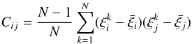 \begin{equation} \label{eqn:jackknife} C_{ij} = \frac{N-1}{N}\sum_{k=1}^{N}(\xi_{i}^{k}-\bar{\xi_{i}})(\xi_{j}^{k}-\bar{\xi_{j}}) \end{equation}