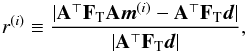 \begin{eqnarray} r^{\left(i\right)} \equiv \frac{|\b{A}^\T \F{T} \b{A} \vec{m}^{\left(i\right)} - \b{A}^\T \F{T} \vec{d}|}{|\b{A}^\T \F{T} \vec{d}|}, \label{eqn:pcgResDef} \end{eqnarray}