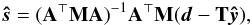\begin{eqnarray} \vec{\hat{s}}= (\b{A}^\T \b{M} \b{A})^{-1} \b{A}^\T \b{M}(\vec{d} - \b{T}\bh{y}), \label{s_destriper} \end{eqnarray}