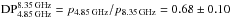 \hbox{$\text{DP}_{4.85\,\mathrm{GHz}}^{8.35\,\mathrm{GHz}}=p_{4.85\,\mathrm{GHz}}/p_{8.35\,\mathrm{GHz}}=0.68\pm0.10$}