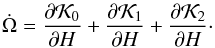 \begin{equation} \dot{\Omega} = \frac{\partial \mathcal{K}_0}{\partial H}+\frac{\partial \mathcal{K}_1}{\partial H}+\frac{\partial \mathcal{K}_2}{\partial H} \cdot \label{eq14} \end{equation}