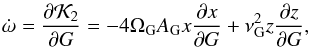 \begin{equation} \dot{\omega} = \frac{\partial \mathcal{K}_2}{\partial G} = - 4 \Omega_{\rm G} A_{\rm G} x \frac{\partial x}{\partial G} + \nu_{\rm G}^2 z \frac{\partial z}{\partial G} \rm{,} \label{eq18} \end{equation}