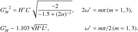 \begin{eqnarray} &&{G^*_M}^2 = {H^*} {L^*} \sqrt{\dfrac{-2}{ - 1.5 + ( 2 \alpha)^{-1}}} {,} \quad \,\, 2\omega^* = m \pi \, (m=1 , 3) {,} \nonumber\\[2mm] &&{G^*_M} \sim 1.103 \sqrt{{H^*} {L^*} } {,} \qquad\qquad \qquad \omega^* = m \pi/2 \, (m=1, 3) {.} \label{eq29} \end{eqnarray}
