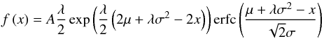 \begin{equation} f \left( x \right) =A \frac{\lambda}{2} \exp \left( \frac{\lambda}{2} \left(2 \mu + \lambda \sigma^2 - 2 x \right) \right) \mathrm{erfc} \left( \frac{\mu + \lambda \sigma^2 - x}{\sqrt{2} \sigma} \right) \label{eq:emg} \end{equation}
