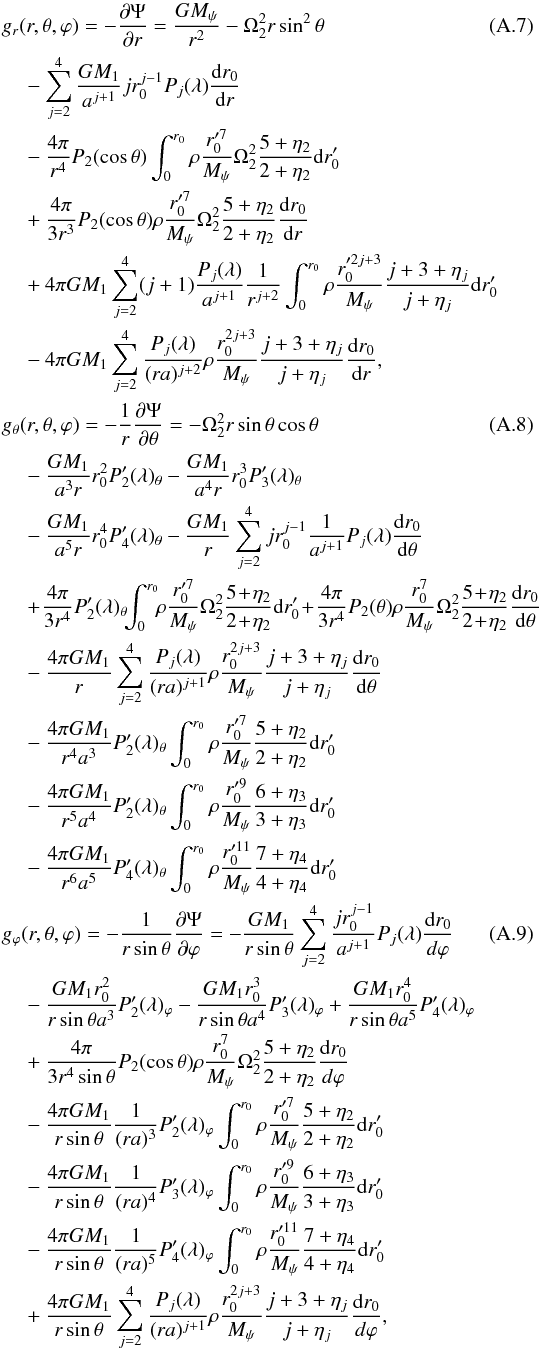 \appendix \setcounter{section}{1} \begin{align} &g_{r}(r,\theta, \varphi)=-\frac{\partial \Psi}{\partial r}=\frac{GM_{\psi}}{r^{2}}-\Omega_{2}^{2}r\sin^{2}\theta \\\nonumber&\quad-\sum_{j=2}^{4} \frac{GM_{1}}{a^{j+1}}jr_{0}^{j-1}P_{j}(\lambda)\frac{{\rm d}r_{0}}{{\rm d}r}\\\nonumber&\quad-\frac{4\pi}{r^{4}}P_{2}(\cos\theta)\int_{0}^{r_{0}}\rho\frac{r_{0}'^{7}}{M_{\psi}}\Omega_{2}^{2} \frac{5+\eta_{2}}{2+\eta_{2}}{\rm d}r_{0}'\\\nonumber&\quad+\frac{4\pi}{3r^{3}}P_{2}(\cos\theta)\rho\frac{r_{0}'^{7}}{M_{\psi}}\Omega_{2}^{2}\frac{5+\eta_{2}}{2+\eta_{2}}\frac{{\rm d}r_{0}}{{\rm d}r}\\\nonumber &\quad+4\pi GM_{1}\sum_{j=2}^{4}(j+1)\frac{P_{j}(\lambda)}{a^{j+1}}\frac{1}{r^{j+2}}\int_{0}^{r_{0}}\rho\frac{r_{0}'^{2j+3}}{M_{\psi}}\frac{j+3+\eta_{j}}{j+\eta_{j}}{\rm d}r_{0}'\\\nonumber &\quad-4\pi GM_{1}\sum_{j=2}^{4}\frac{P_{j}(\lambda)}{(ra)^{j+2}}\rho\frac{r_{0}^{2j+3}}{M_{\psi}}\frac{j+3+\eta_{j}}{j+\eta_{j}}\frac{{\rm d}r_{0}}{{\rm d}r}, \\ &g_{\theta}(r,\theta, \varphi)=-\frac{1}{r}\frac{\partial \Psi}{\partial \theta}=-\Omega_{2}^{2}r\sin\theta\cos\theta \\\nonumber&\quad -\frac{GM_{1}}{a^{3}r}r_{0}^{2}P'_{2}(\lambda)_{\theta} -\frac{GM_{1}}{a^{4}r}r_{0}^{3}P'_{3}(\lambda)_{\theta}\\\nonumber&\quad-\frac{GM_{1}}{a^{5}r}r_{0}^{4}P'_{4}(\lambda)_{\theta} -\frac{GM_{1}}{r}\sum_{j=2}^{4}jr_{0}^{j-1}\frac{1}{a^{j+1}}P_{j}(\lambda)\frac{{\rm d}r_{0}}{{\rm d}\theta}\\\nonumber&\quad+\!\frac{4\pi}{3r^{4}}P'_{2}(\lambda)_{\theta}\!\!\int_{0}^{r_{0}}\!\! \rho\frac{r_{0}'^{7}}{M_{\psi}}\Omega_{2}^{2}\frac{5\!+\!\eta_{2}}{2\!+\!\eta_{2}}{\rm d}r_{0}' \!+\!\frac{4\pi}{3r^{4}}P_{2}(\theta)\rho\frac{r_{0}^{7}}{M_{\psi}}\Omega_{2}^{2}\frac{5\!+\!\eta_{2}}{2\!+\!\eta_{2}}\frac{{\rm d}r_{0}}{{\rm d}\theta}\\\nonumber&\quad-\frac{4\pi GM_{1}}{r}\sum_{j=2}^{4} \frac{P_{j}(\lambda)}{(ra)^{j+1}}\rho\frac{r_{0}^{2j+3}}{M_{\psi}}\frac{j+3+\eta_{j}}{j+\eta_{j}}\frac{{\rm d}r_{0}}{{\rm d}\theta}\\\nonumber&\quad- \frac{4\pi GM_{1}}{r^{4}a^{3}}P'_{2}(\lambda)_{\theta}\int_{0}^{r_{0}}\rho\frac{r_{0}'^{7}}{M_{\psi}}\frac{5+\eta_{2}}{2+\eta_{2}}{\rm d}r_{0}' \\\nonumber&\quad-\frac{4\pi GM_{1}}{r^{5}a^{4}}P'_{2}(\lambda)_{\theta} \int_{0}^{r_{0}}\rho\frac{r_{0}'^{9}}{M_{\psi}}\frac{6+\eta_{3}}{3+\eta_{3}}{\rm d}r_{0}'\\\nonumber&\quad-\frac{4\pi GM_{1}}{r^{6}a^{5}}P'_{4}(\lambda)_{\theta} \int_{0}^{r_{0}}\rho\frac{r_{0}'^{11}}{M_{\psi}}\frac{7+\eta_{4}}{4+\eta_{4}}{\rm d}r_{0}' \\ &g_{\varphi}(r,\theta,\varphi)=-\frac{1}{r\sin\theta }\frac{\partial \Psi}{\partial \varphi}=-\frac{GM_{1}}{r\sin\theta}\sum_{j=2}^{4}\frac{jr_{0}^{j-1}}{a^{j+1}}P_{j}(\lambda)\frac{{\rm d}r_{0}}{d\varphi}\\\nonumber&\quad-\frac{GM_{1}r_{0}^{2}}{r\sin\theta a^{3}} P'_{2}(\lambda)_{\varphi}-\frac{GM_{1}r_{0}^{3}}{r\sin\theta a^{4}}P'_{3}(\lambda)_{\varphi} +\frac{GM_{1}r_{0}^{4}}{r\sin\theta a^{5}} P'_{4}(\lambda)_{\varphi}\\\nonumber& \quad+\frac{4\pi}{3r^{4}\sin\theta}P_{2}(\cos\theta)\rho\frac{r_{0}^{7}}{M_{\psi}}\Omega_{2}^{2} \frac{5+\eta_{2}}{2+\eta_{2}}\frac{{\rm d}r_{0}}{d\varphi}\\\nonumber&\quad -\frac{4\pi G M_{1}}{r\sin\theta}\frac{1}{(ra)^{3}}P'_{2}(\lambda)_{\varphi}\int_{0}^{r_{0}}\rho\frac{r_{0}'^{7}}{M_{\psi}}\frac{5+\eta_{2}}{2+\eta_{2}}{\rm d}r'_{0} \\\nonumber&\quad-\frac{4\pi G M_{1}}{r\sin\theta}\frac{1}{(ra)^{4}}P'_{3}(\lambda)_{\varphi}\int_{0}^{r_{0}} \rho\frac{r_{0}'^{9}}{M_{\psi}}\frac{6+\eta_{3}}{3+\eta_{3}}{\rm d}r'_{0}\\\nonumber&\quad -\frac{4\pi G M_{1}}{r\sin\theta}\frac{1}{(ra)^{5}} P'_{4}(\lambda)_{\varphi} \int_{0}^{r_{0}} \rho\frac{r_{0}'^{11}}{M_{\psi}}\frac{7+\eta_{4}}{4+\eta_{4}}{\rm d}r'_{0}\\\nonumber&\quad+\frac{4\pi GM_{1}}{r\sin\theta}\sum_{j=2}^{4}\frac{P_{j}(\lambda)}{(ra)^{j+1}}\rho\frac{r^{2j+3}_{0}}{M_{\psi}}\frac{j+3+\eta_{j}}{j+\eta_{j}}\frac{{\rm d}r_{0}}{d\varphi}, \end{align}