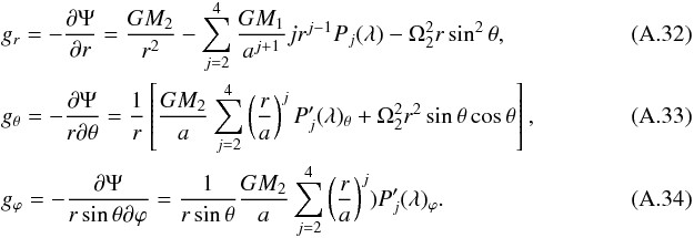 \appendix \setcounter{section}{1} \begin{eqnarray} &&g_{r}=-\frac{\partial \Psi}{\partial r}=\frac{GM_{2}}{r^{2}}-\sum_{j=2}^{4}\frac{GM_{1}}{a^{j+1}}jr^{j-1}P_{j}(\lambda)-\Omega_{2}^{2}r\sin^{2}\theta, \\ &&g_{\theta}=-\frac{\partial \Psi}{r\partial \theta}=\frac{1}{r}\left[\frac{GM_{2}}{a}\sum_{j=2}^{4}\left(\frac{r}{a}\right)^{j}P'_{j}(\lambda)_{\theta}+\Omega_{2}^{2}r^{2}\sin\theta\cos\theta\right], \\ &&g_{\varphi}=-\frac{\partial \Psi}{r\sin\theta \partial \varphi}=\frac{1}{r\sin\theta} \frac{GM_{2}}{a}\sum_{j=2}^{4} \left(\frac{r}{a}\right)^{j})P'_{j}(\lambda)_{\varphi}.~~~~~~~~~~~~~~~~~~~~~~~~~~~~~~~~~~~~~~~~~~~ \end{eqnarray}