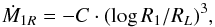 \begin{equation} \dot{M}_{1R}=-C \cdot (\log R_{1}/R_{L})^{3}, \end{equation}