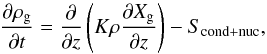 \appendix \setcounter{section}{2} \begin{equation} \frac{\partial \rho_{\rm g+c}}{\partial t} = \frac{\partial }{\partial z}\left(K\rho \frac{\partial X_{\rm g+c}}{\partial z}-\left<v_{\rm f}\right>\rho X_{\rm c}\right) . \end{equation}