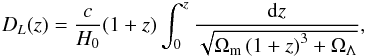 \begin{eqnarray*} D_L(z)=\frac{c}{H_0}(1+z) \int^z_0{\frac{{\rm d}z}{\sqrt{\Omega_{\rm m} \left( 1+z \right)^3+\Omega_\Lambda}}}, \end{eqnarray*}