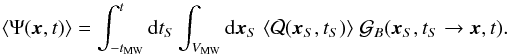 \begin{equation} \langle \Psi(\vec{x},t)\rangle=\int_{-t_{\rm MW}}^t {\rm d} t_S\int_{V_{\rm MW}} {\rm d}\vec{x}_S\; \langle{\cal Q}(\vec{x}_S,t_S)\rangle\;{\cal G}_{B}(\vec{x}_S,t_S\to \vec{x},t). \label{eq:psi_th} \end{equation}