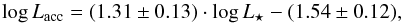\begin{equation} \log{L_{\rm acc}} = (1.31 \pm 0.13) \cdot \log{L_{\star}} - (1.54 \pm 0.12) \label{fit_without_slysos} , \end{equation}