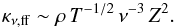 \begin{equation} \kappa_{\nu, \rm ff} \sim \rho\, T^{-1/2}\, \nu^{-3}\, Z^2. \end{equation}
