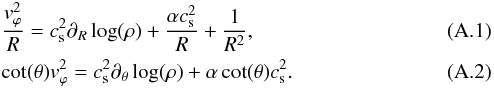 \appendix \setcounter{section}{1} \begin{eqnarray} &&\frac{v_{\varphi}^2}{R} = c_{\rm s}^2 \partial_R \log (\rho) + \frac{\alpha c_{\rm s}^2}{R} + \frac{1}{R^2}, \label{eqn:mom_r}\\ &&\cot(\theta) v_{\varphi}^2 = c_{\rm s}^2 \partial_{\theta} \log (\rho) + \alpha \cot(\theta) c_{\rm s}^2. \label{eqn:mom_theta} \end{eqnarray}