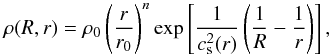 \appendix \setcounter{section}{1} \begin{equation} \rho (R,r) = \rho_0 \left( \frac{r}{r_0} \right)^n \exp\left[ \frac{1}{c^2_{\rm s}(r)} \left( \frac{1}{R} - \frac{1}{r} \right) \right], \label{eqn:rho}\\ \end{equation}