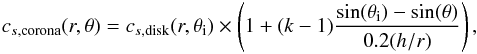 \appendix \setcounter{section}{1} \begin{eqnarray} \label{eqn:csdiskoro} c_{s,\mathrm{corona}}(r,\theta) = c_{s,\mathrm{disk}}(r,\theta_{\rm i}) \times \left( 1 + (k - 1) \frac{\sin(\theta_{\rm i}) - \sin(\theta)}{0.2 (h/r)}\right), \end{eqnarray}