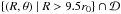 \hbox{$\left\lbrace (R,\theta) \mid R > 9.5 r_0\right\rbrace \cap \mathcal{D}$}