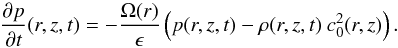 \appendix \setcounter{section}{3} \begin{equation} \frac{\partial p}{\partial t}(r,z,t) = - \frac{\Omega(r)}{\epsilon} \left( p(r,z,t) - \rho(r,z,t) \:c_0^2(r,z) \right). \end{equation}