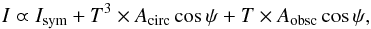 \begin{equation} I \varpropto I_{\rm sym} + T^3 \times A_{\rm circ} \cos \psi + T \times A_{\rm obsc} \cos \psi, \end{equation}