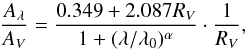 \begin{equation} \frac{A_\lambda}{A_V} = \frac{0.349+2.087R_V}{1+(\lambda/\lambda_0)^\alpha}\cdot\frac{1}{R_V}, \end{equation}