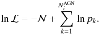 \begin{equation} \ln \mathcal{L}= -\mathcal{N} + \sum_{k=1}^{N_i^\mathrm{AGN}} \ln p_k. \label{equ:logll} \end{equation}