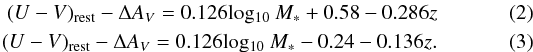 \begin{eqnarray} \label{Eqa:uv_cor} (U - V)_\mathrm{rest} - \Delta A_{V} = 0.126 \mathrm{log_{10}}~M_{*} +0.58 - 0.286z\\ (U - V)_\mathrm{rest} - \Delta A_{V} = 0.126 \mathrm{log_{10}}~M_{*} - 0.24 - 0.136z. \end{eqnarray}