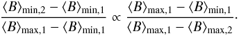 \begin{eqnarray*} {\Hm_{\rm min,2}-\Hm_{\rm min,1}\over\Hm_{\rm max,1}-\Hm_{\rm min,1}} \propto {\Hm_{\rm max,1}-\Hm_{\rm min,1}\over\Hm_{\rm max,1}-\Hm_{\rm max,2}} \cdot \end{eqnarray*}