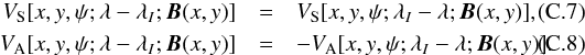 \appendix \setcounter{section}{3} \begin{eqnarray} V_{\rm S}[x,y,\psi;\llo;\Hvec(x,y)]&=&V_{\rm S}[x,y,\psi;\lambda_I-\lambda;\Hvec(x,y)], \\ V_{\rm A}[x,y,\psi;\llo;\Hvec(x,y)]&=&-V_{\rm A}[x,y,\psi;\lambda_I-\lambda;\Hvec(x,y)]. \end{eqnarray}