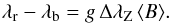 \begin{equation} \lambda_{\rm r}-\lambda_{\rm b}=g\,\Zeeman\,\Hm. \label{eq:Hm} \end{equation}