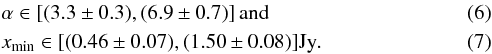\begin{eqnarray} &&\alpha \in [(3.3\pm0.3),(6.9\pm0.7)]\,\mathrm{and}\\ &&x_{\mathrm{min}} \in [(0.46\pm0.07),(1.50\pm0.08)]\mathrm{Jy}. \end{eqnarray}