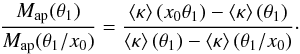 \begin{equation} \frac{M_{\rm ap}(\theta_1)}{M_{\rm ap}(\theta_1/x_0)} =\frac{\ave{\kappa}(x_0 \theta_1)-\ave{\kappa}(\theta_1)}{\ave{\kappa}(\theta_1)-\ave{\kappa}(\theta_1/x_0)}\cdot \end{equation}